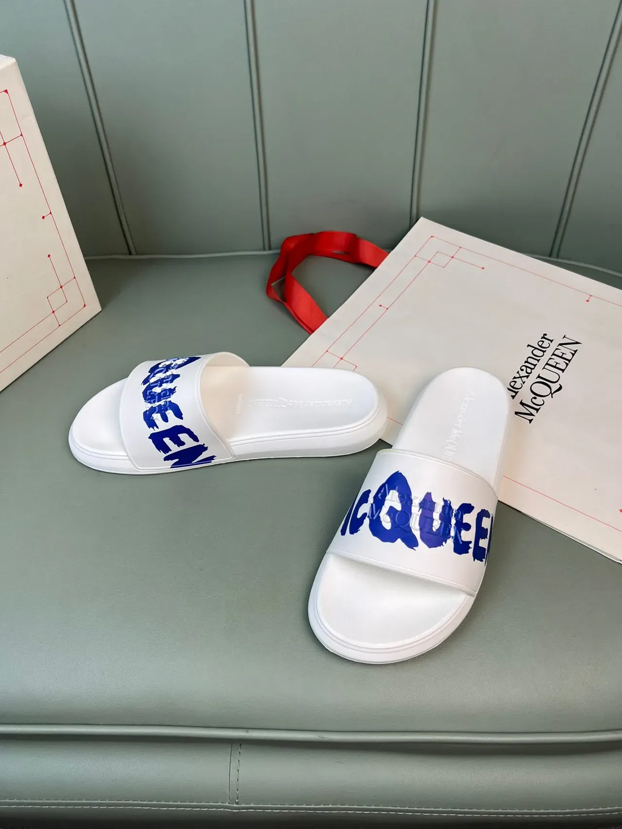 Alexander McQueen Logo Slide White Blue Strap Molded Rubber Sole Slippers 7
