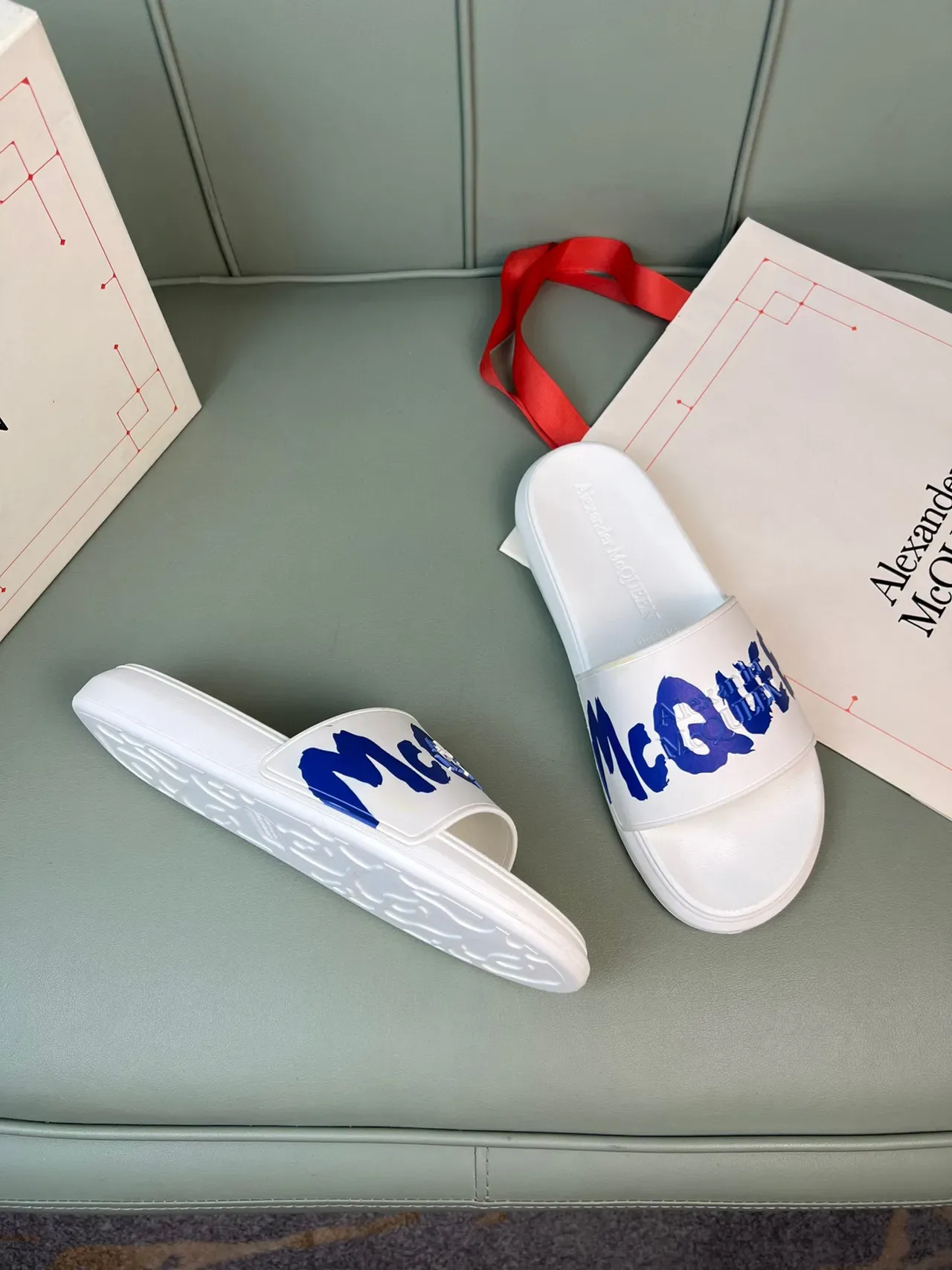 Alexander McQueen Logo Slide White Blue Strap Molded Rubber Sole Slippers 8