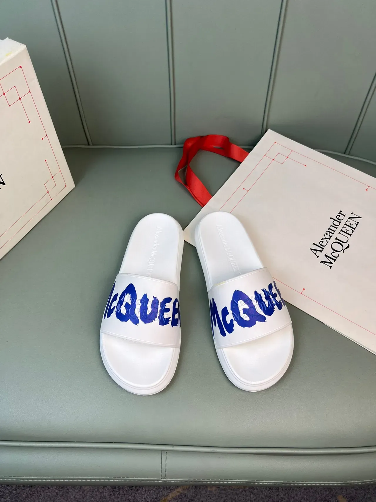 Alexander McQueen Logo Slide White Blue Strap Molded Rubber Sole Slippers 9