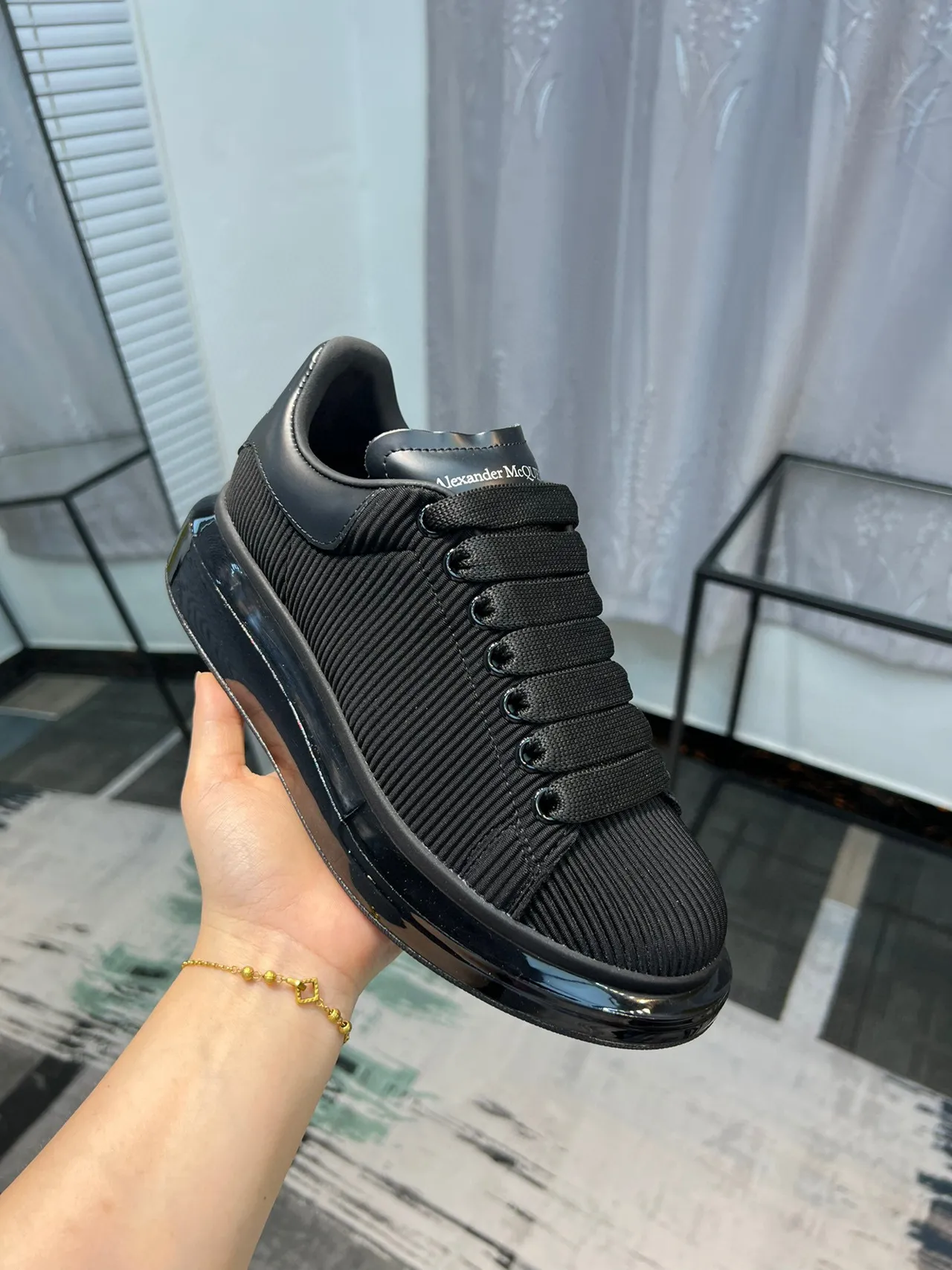 Alexander McQueen Oversized Sneaker Black Ribbed Knit Lifestyle Sneakers 6