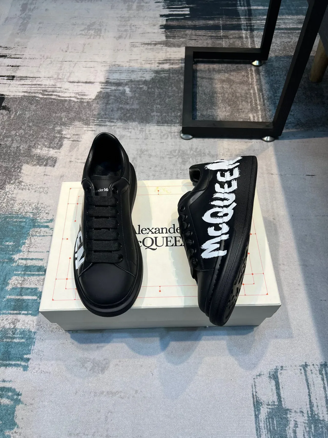 Alexander McQueen Oversized Sneaker Black White Platform Sole Graffiti-Style Logo Lifestyle Sneakers 5