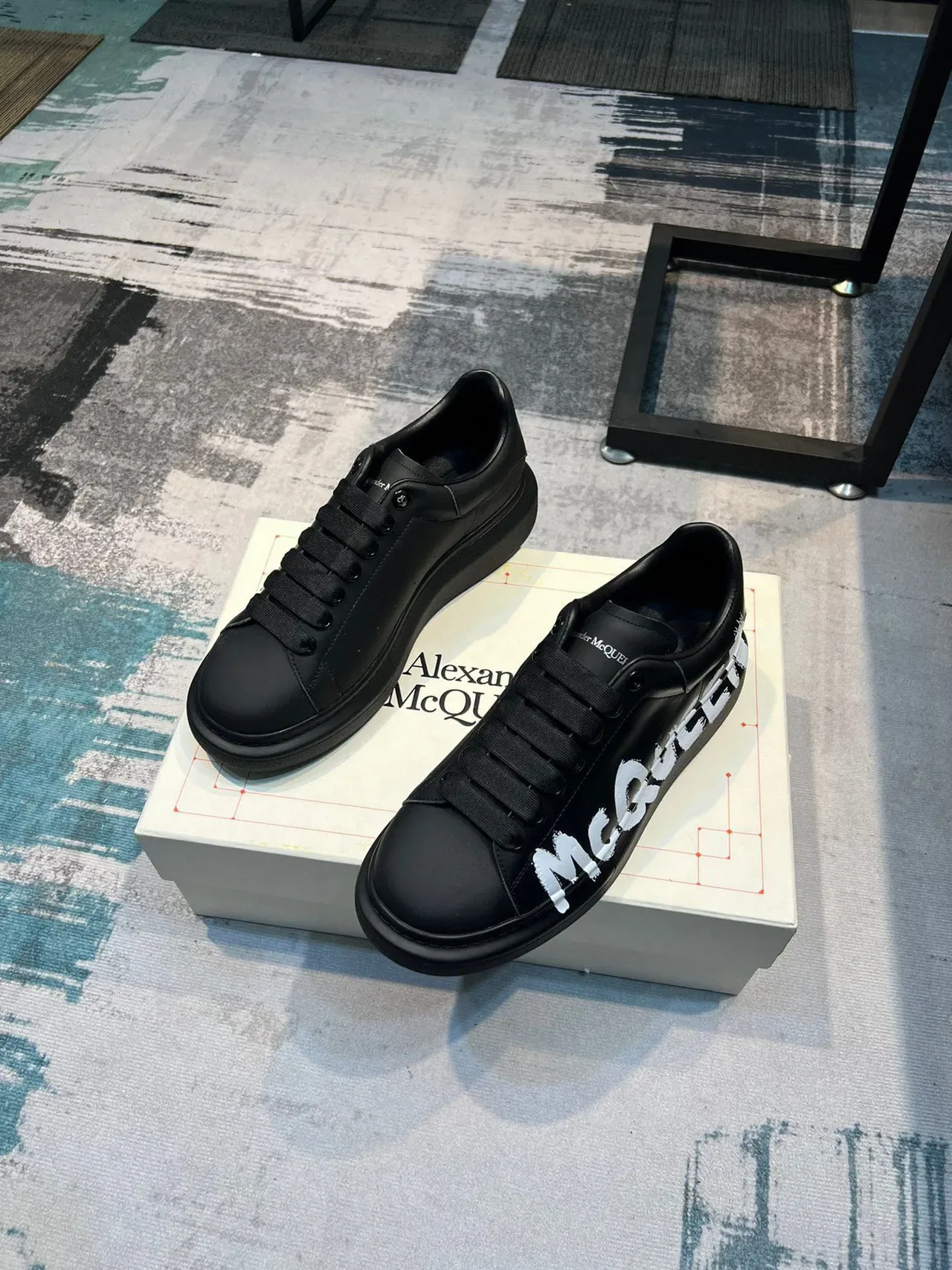 Alexander McQueen Oversized Sneaker Black White Platform Sole Graffiti-Style Logo Lifestyle Sneakers 6
