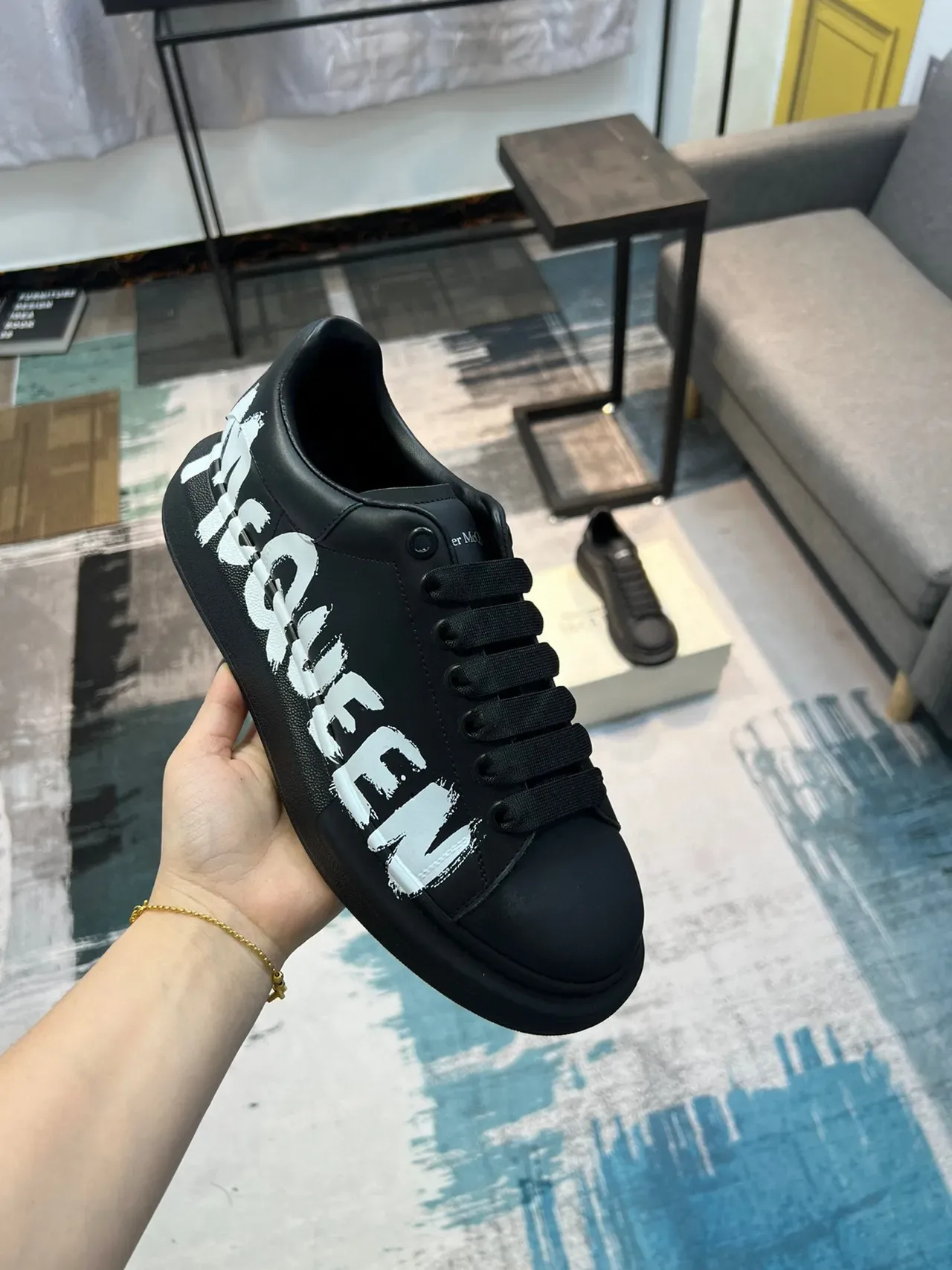 Alexander McQueen Oversized Sneaker Black White Platform Sole Graffiti-Style Logo Lifestyle Sneakers 7
