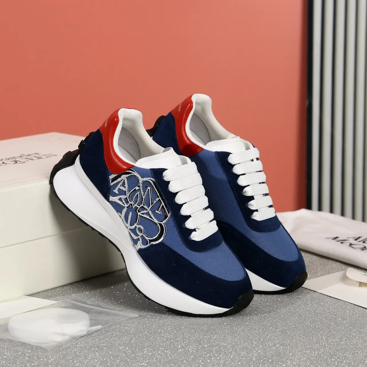 Alexander McQueen Oversized Sneaker Navy Blue Red Silver Lifestyle Sneakers 7
