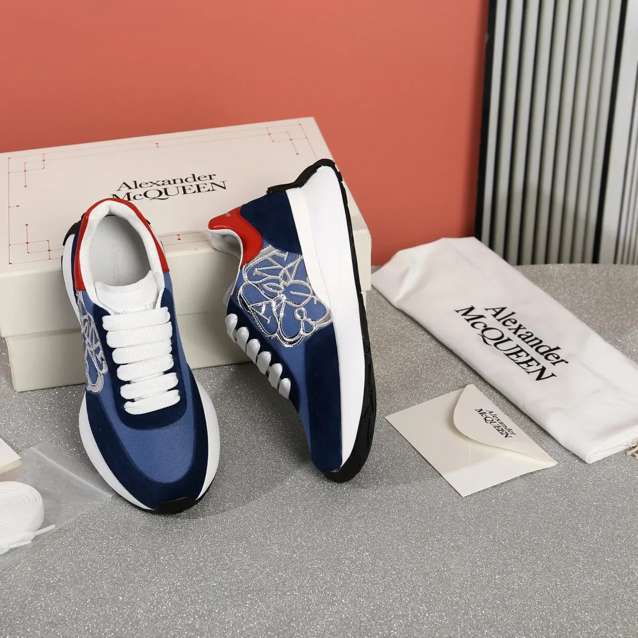 Alexander McQueen Oversized Sneaker Navy Blue Red Silver Lifestyle Sneakers 8