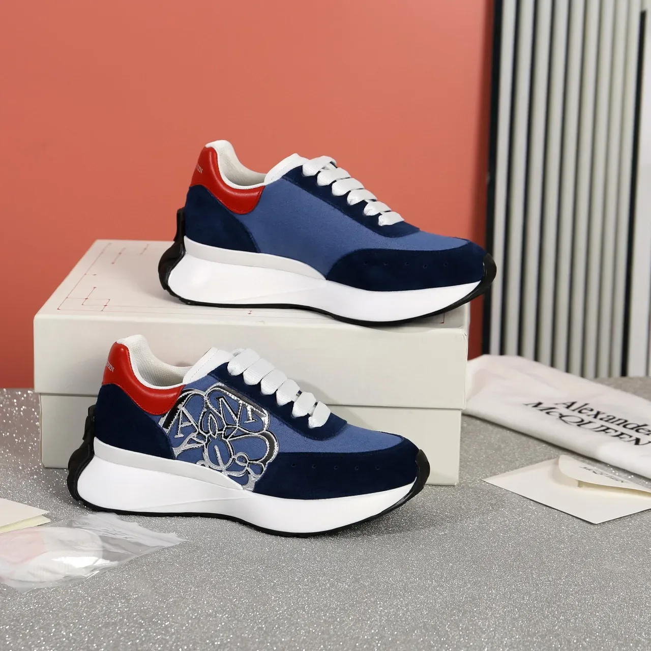 Alexander McQueen Oversized Sneaker Navy Blue Red Silver Lifestyle Sneakers 9