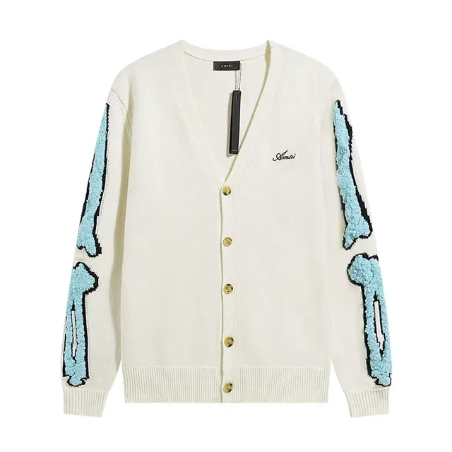 Amiri Bone Appliqué Negro Beige Cardigan Cuello en V Botones Delanteros 2