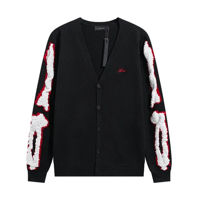 Amiri Bone Appliqué Negro Beige Cardigan Cuello en V Botones Delanteros 4