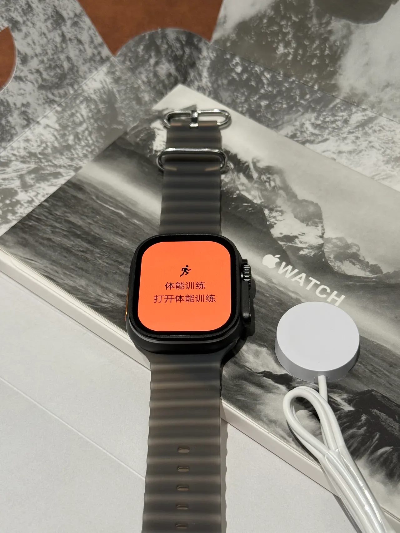 Apple Ultra Gray Orange Square Titanium-Style Case Ribbed Silicone Band Sports Watch 5