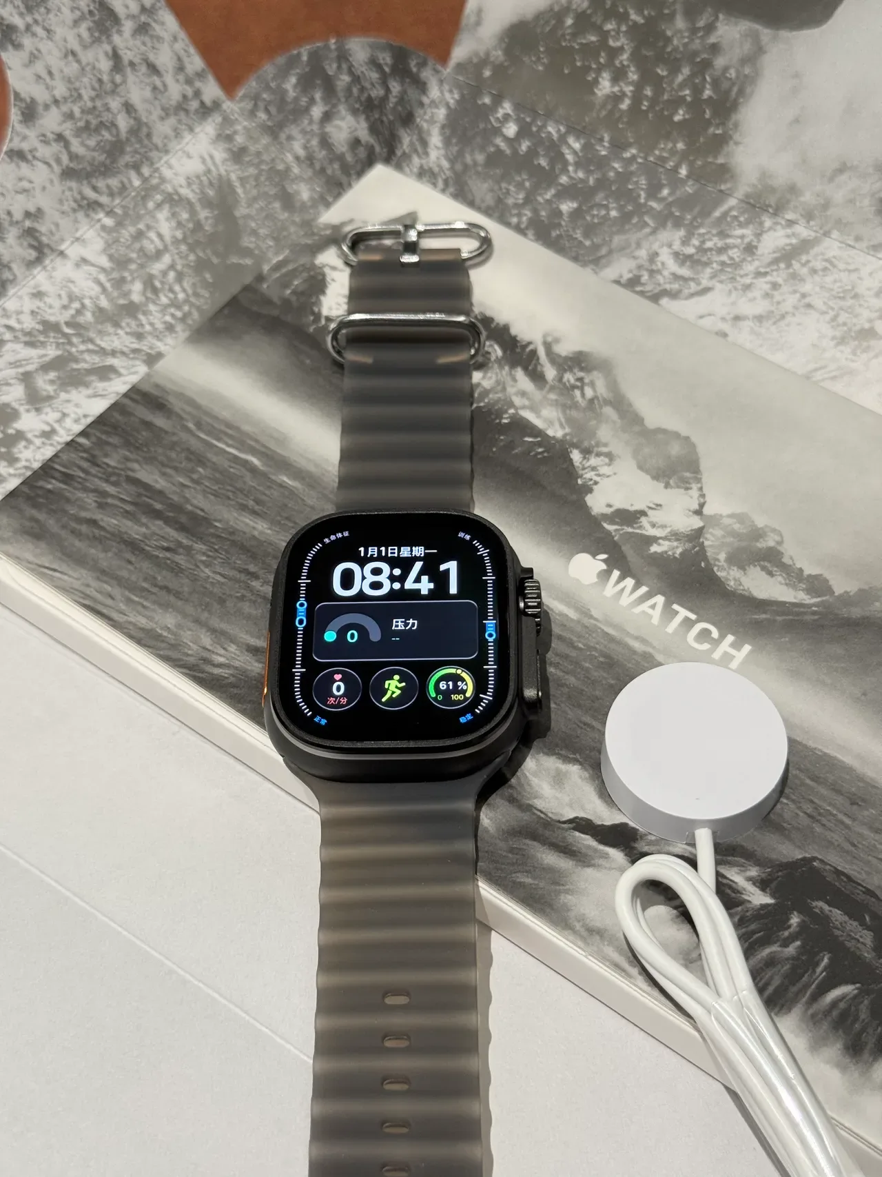 Apple Ultra Gray Orange Square Titanium-Style Case Ribbed Silicone Band Sports Watch 6