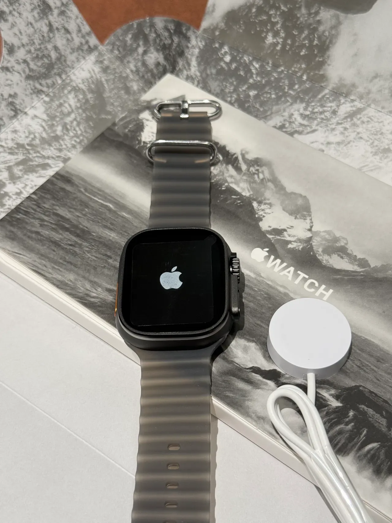 Apple Ultra Gray Orange Square Titanium-Style Case Ribbed Silicone Band Sports Watch 7