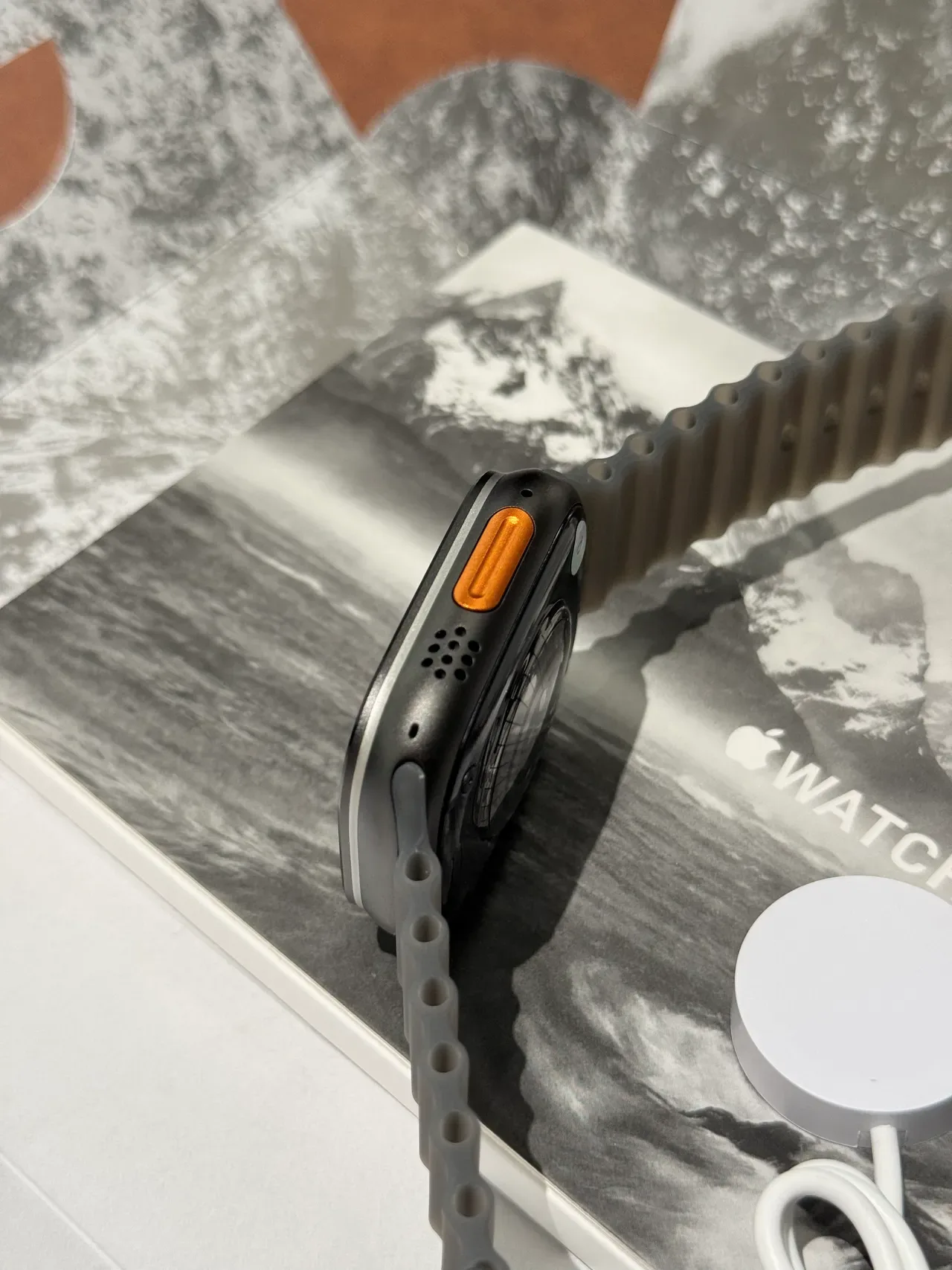Apple Ultra Gray Orange Square Titanium-Style Case Ribbed Silicone Band Sports Watch 12