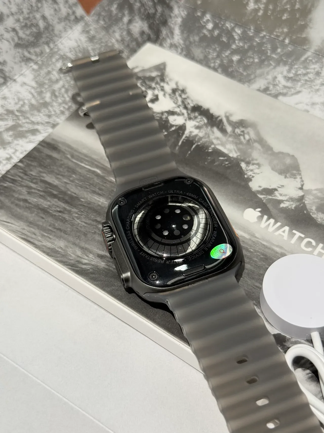 Apple Ultra Gray Orange Square Titanium-Style Case Ribbed Silicone Band Sports Watch 13