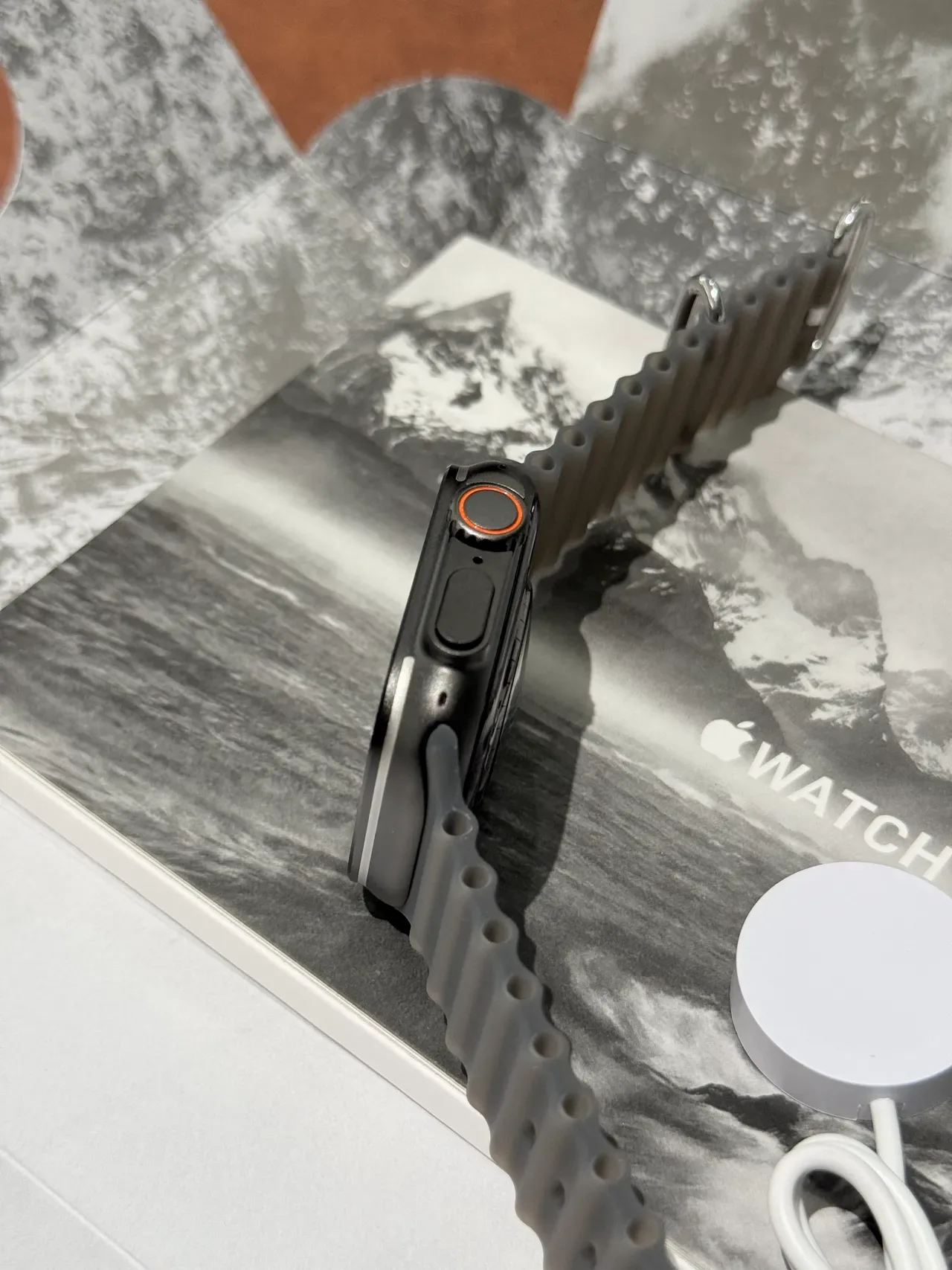 Apple Ultra Gray Orange Square Titanium-Style Case Ribbed Silicone Band Sports Watch 14