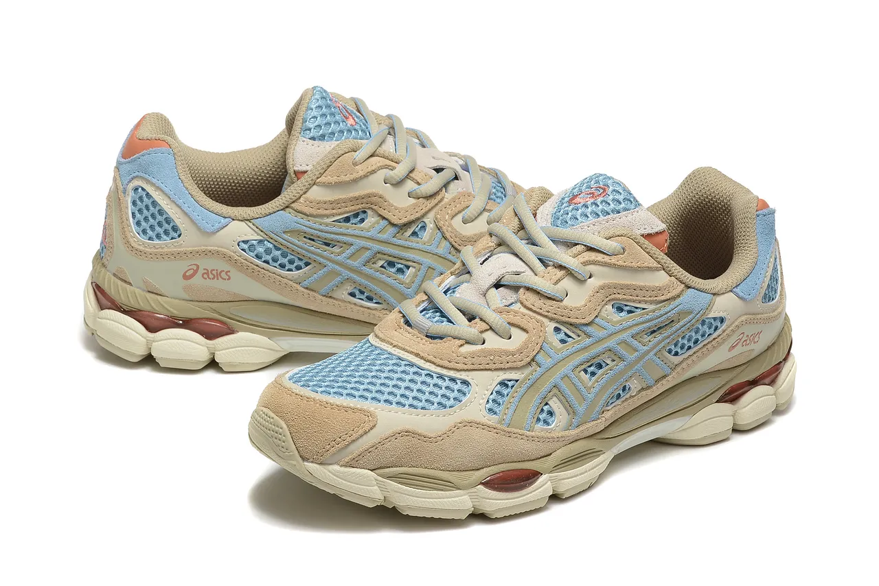 ASICS বেইজ নীল স্তরযুক্ত মেশ এবং সুয়েড উপরের হালকা বাঘের স্ট্রাইপ ওভারলে লাইফস্টাইল স্নিকার্স 3