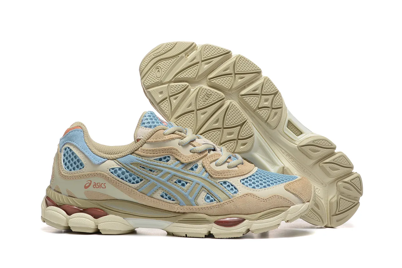 ASICS বেইজ নীল স্তরযুক্ত মেশ এবং সুয়েড উপরের হালকা বাঘের স্ট্রাইপ ওভারলে লাইফস্টাইল স্নিকার্স 5