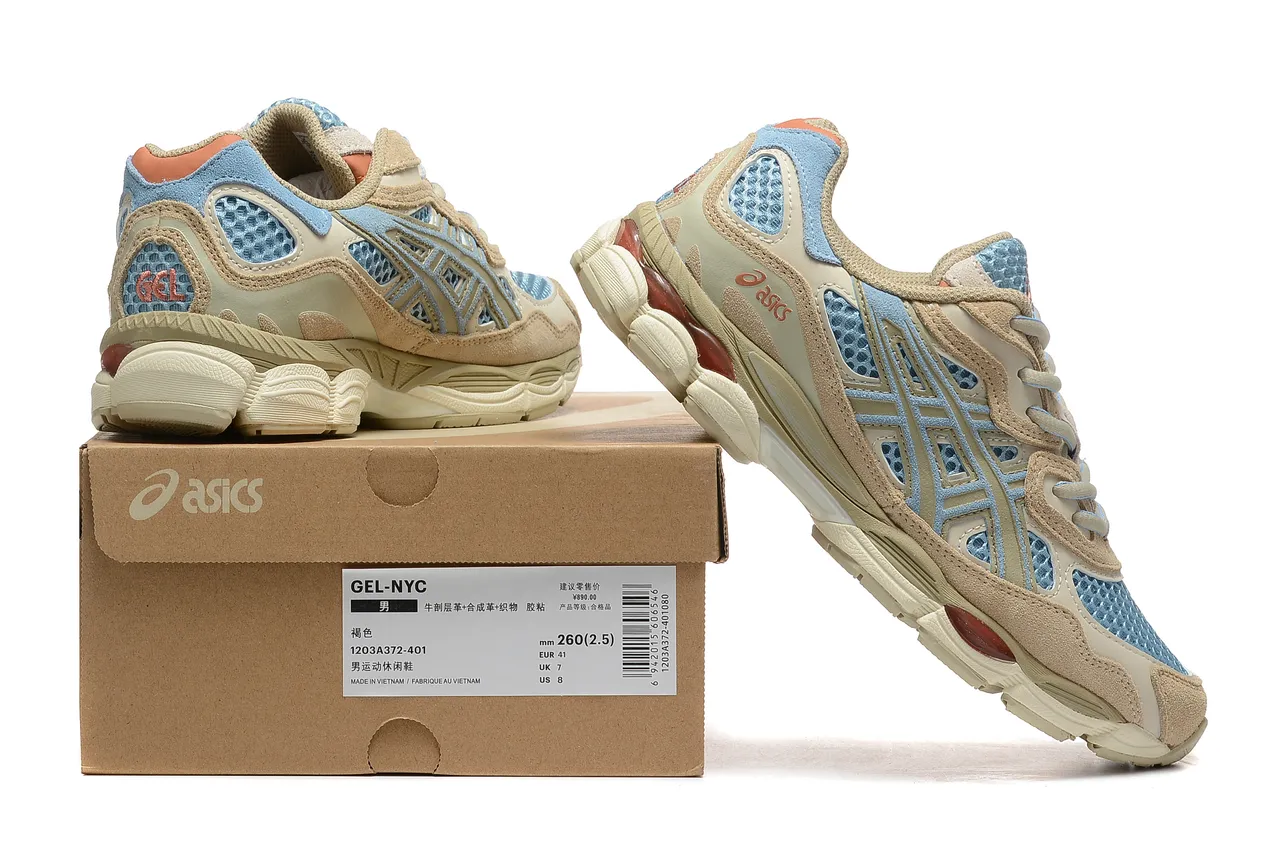 ASICS বেইজ নীল স্তরযুক্ত মেশ এবং সুয়েড উপরের হালকা বাঘের স্ট্রাইপ ওভারলে লাইফস্টাইল স্নিকার্স 6