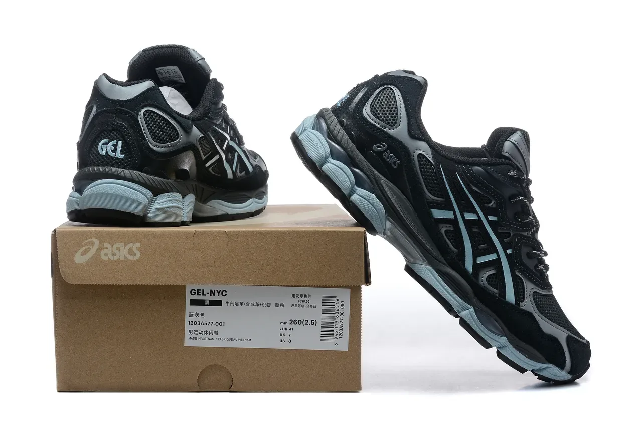 ASICS Tênis de Corrida Preto Azul Malha e Ante Superior Sistema de Cadarço Assimétrico 6