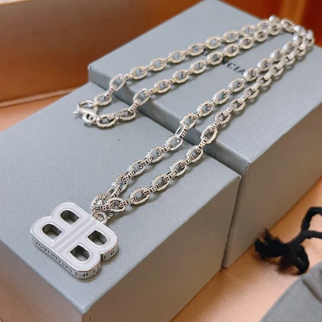 Balenciaga B Chain Silver White Chunky Link Enamel-Filled Pendant Necklace 2