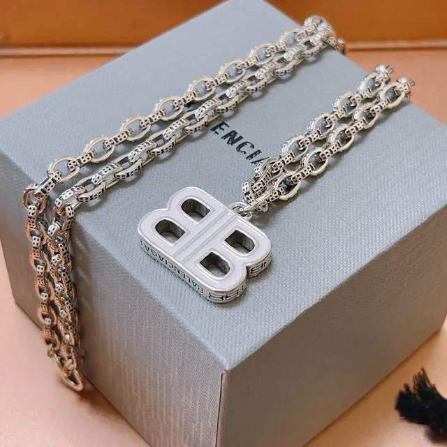 Balenciaga B Chain Silver White Chunky Link Enamel-Filled Pendant Necklace 4