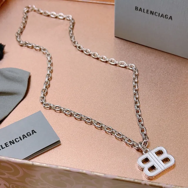 Balenciaga B Chain Silver White Chunky Link Enamel-Filled Pendant Necklace 9
