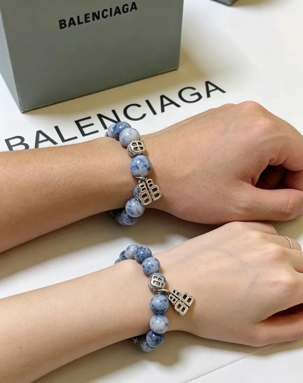 Balenciaga BB Motif Blue Silver Beaded Marbled Stone Bracelet 3