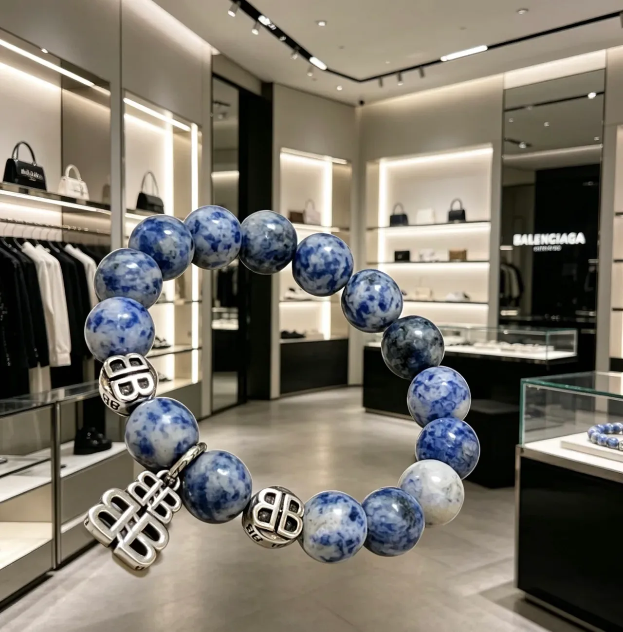 Balenciaga BB Motif Blue Silver Beaded Marbled Stone Bracelet 4