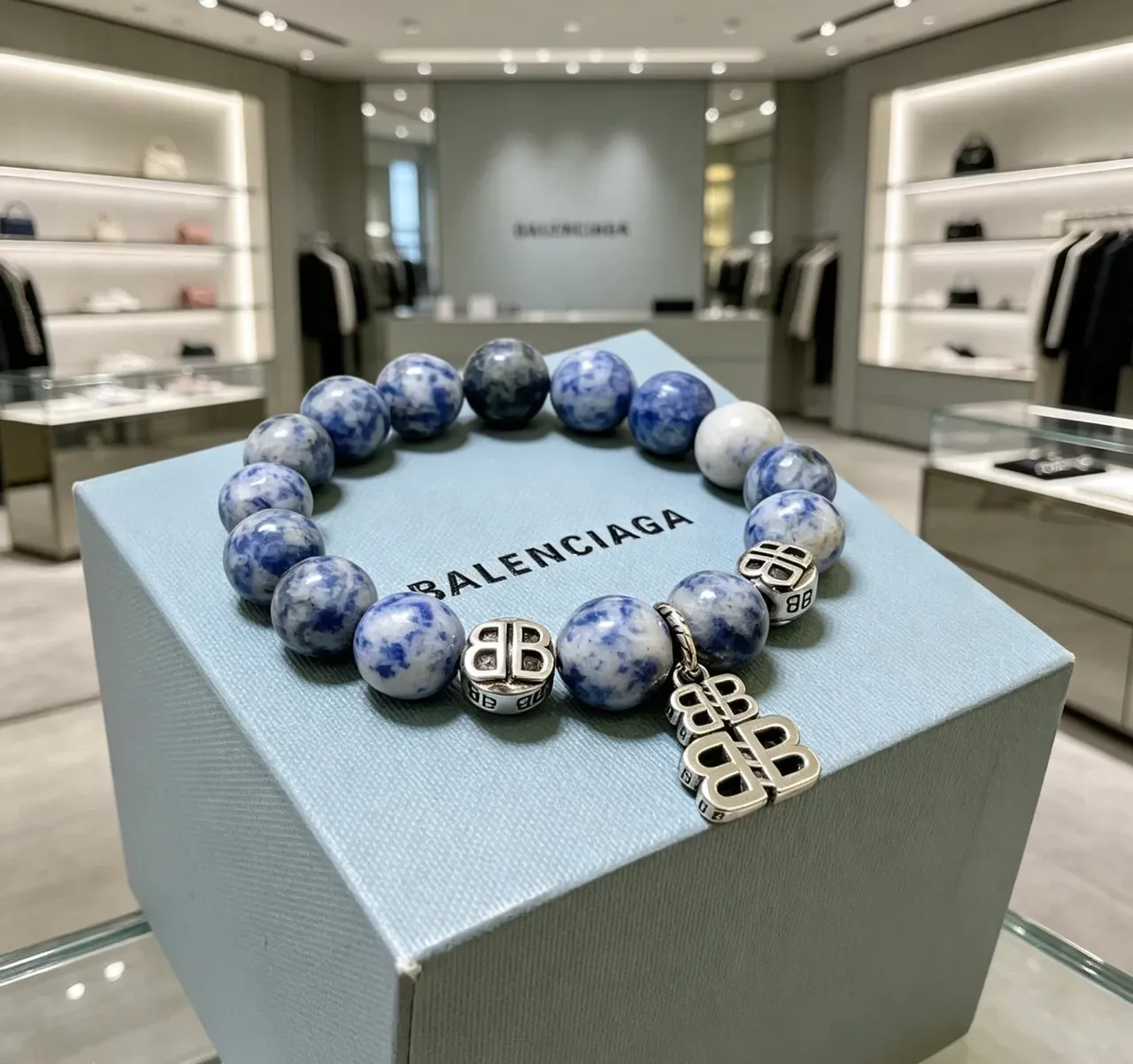 Balenciaga BB Motif Blue Silver Beaded Marbled Stone Bracelet 5