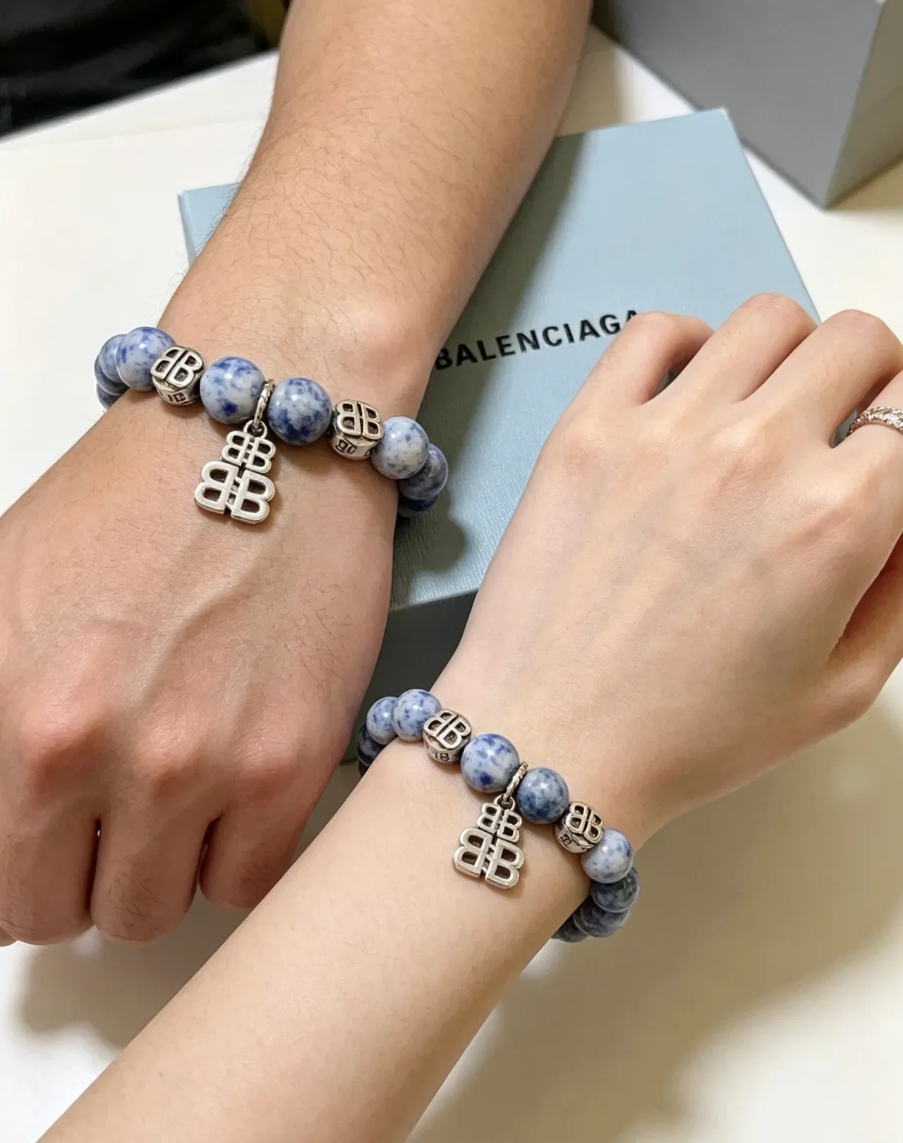 Balenciaga BB Motif Blue Silver Beaded Marbled Stone Bracelet 7