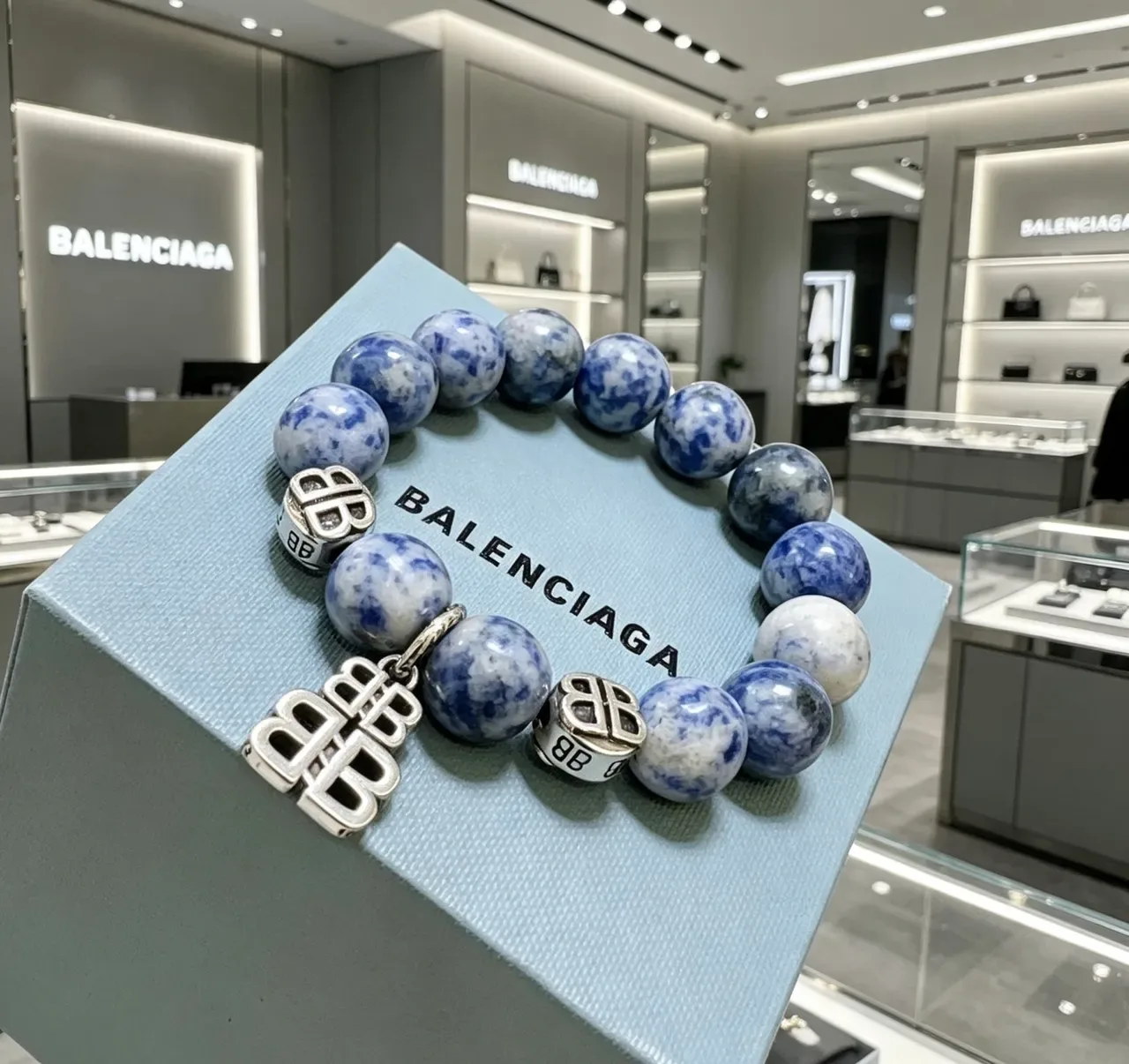 Balenciaga BB Motif Blue Silver Beaded Marbled Stone Bracelet 8