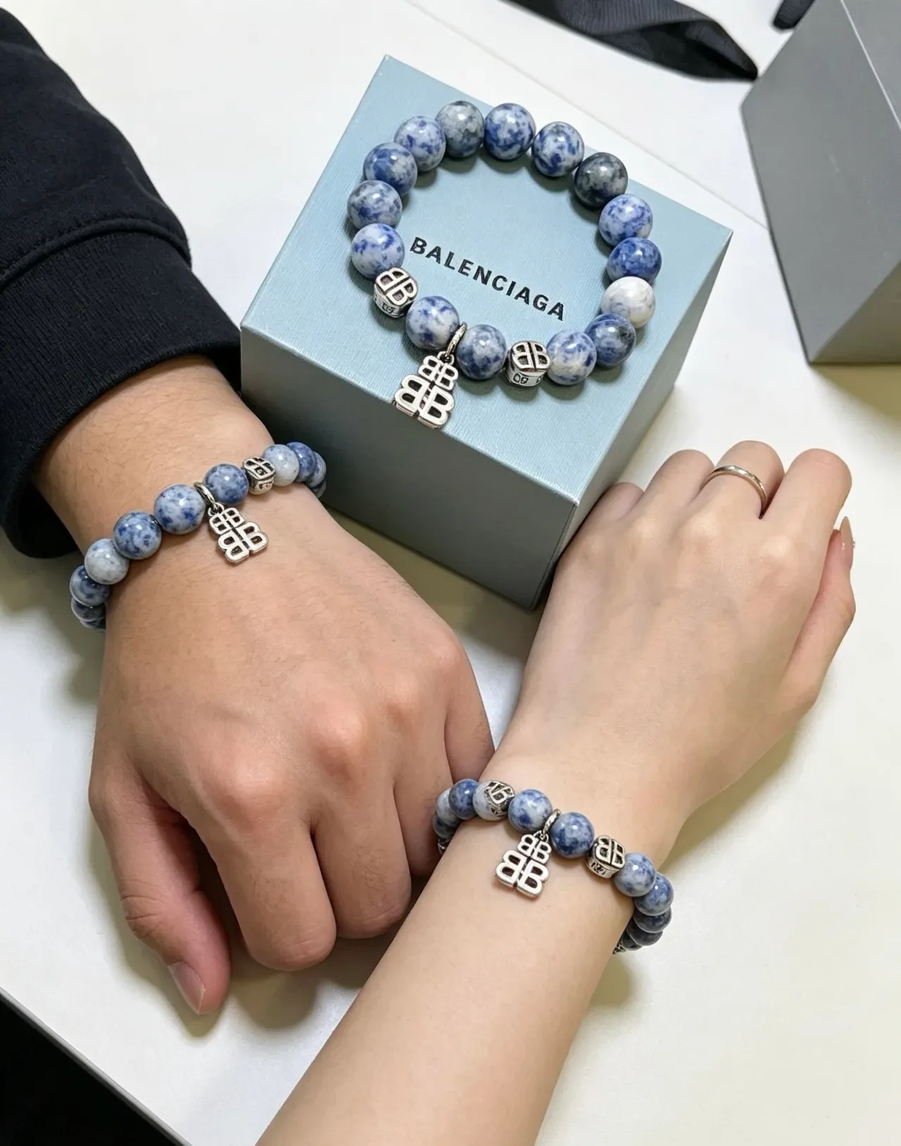 Balenciaga BB Motif Blue Silver Beaded Marbled Stone Bracelet 9