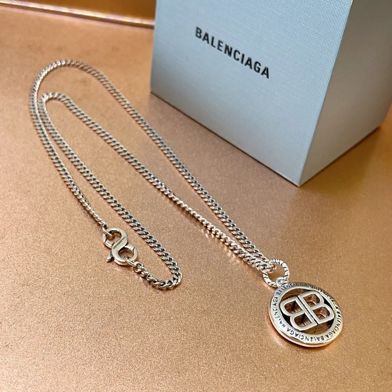Balenciaga BB Necklace Silver Curb Chain Circular Pendant Necklace 2