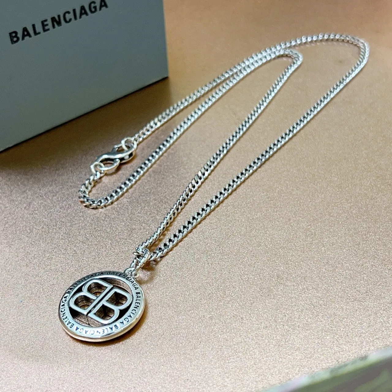 Balenciaga BB Necklace Silver Curb Chain Circular Pendant Necklace 4