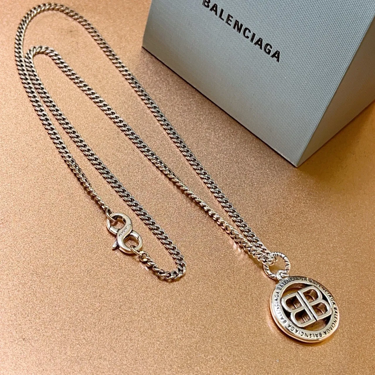 Balenciaga BB Necklace Silver Curb Chain Circular Pendant Necklace 5