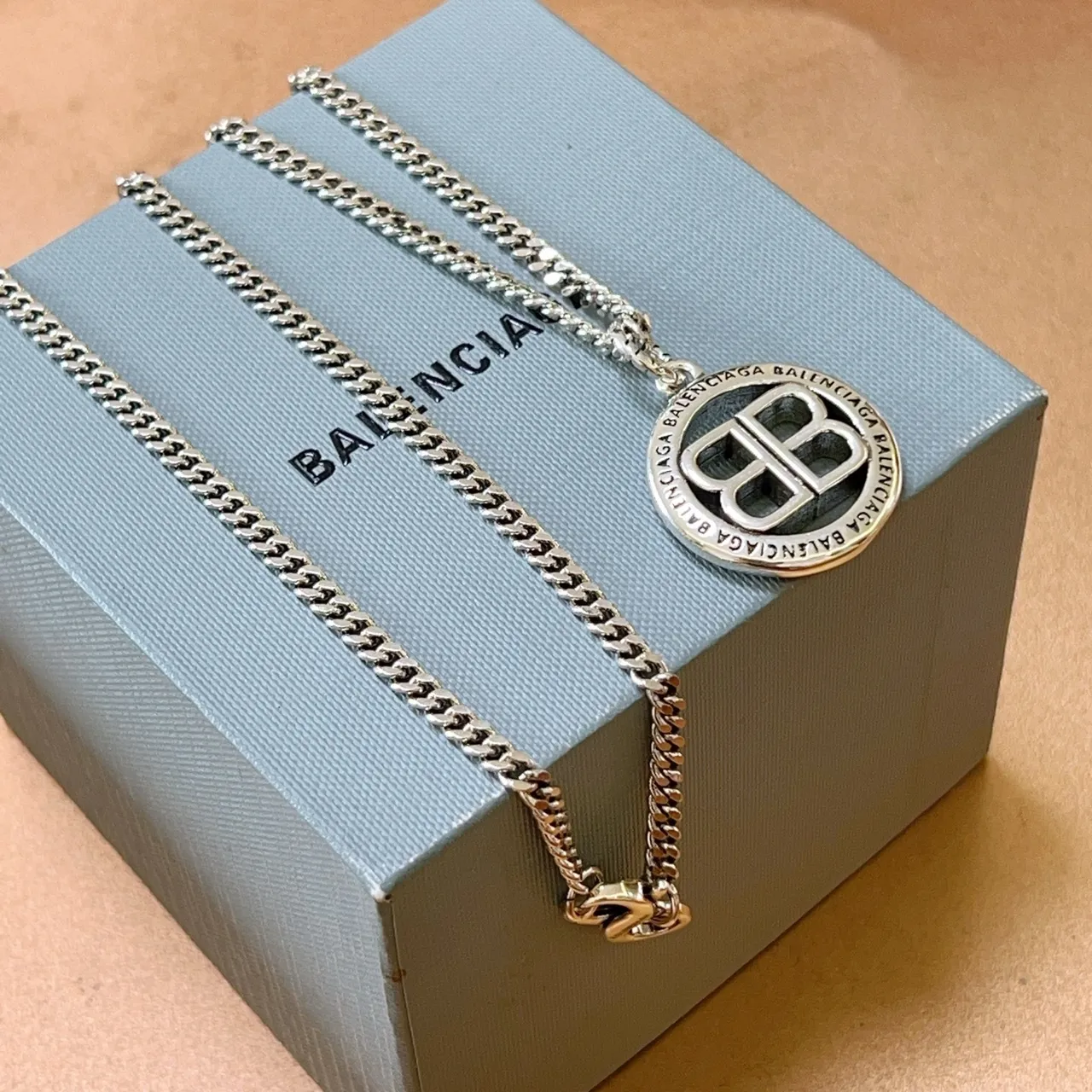Balenciaga BB Necklace Silver Curb Chain Circular Pendant Necklace 7
