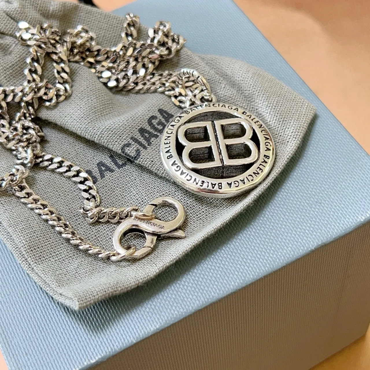 Balenciaga BB Necklace Silver Curb Chain Circular Pendant Necklace 9
