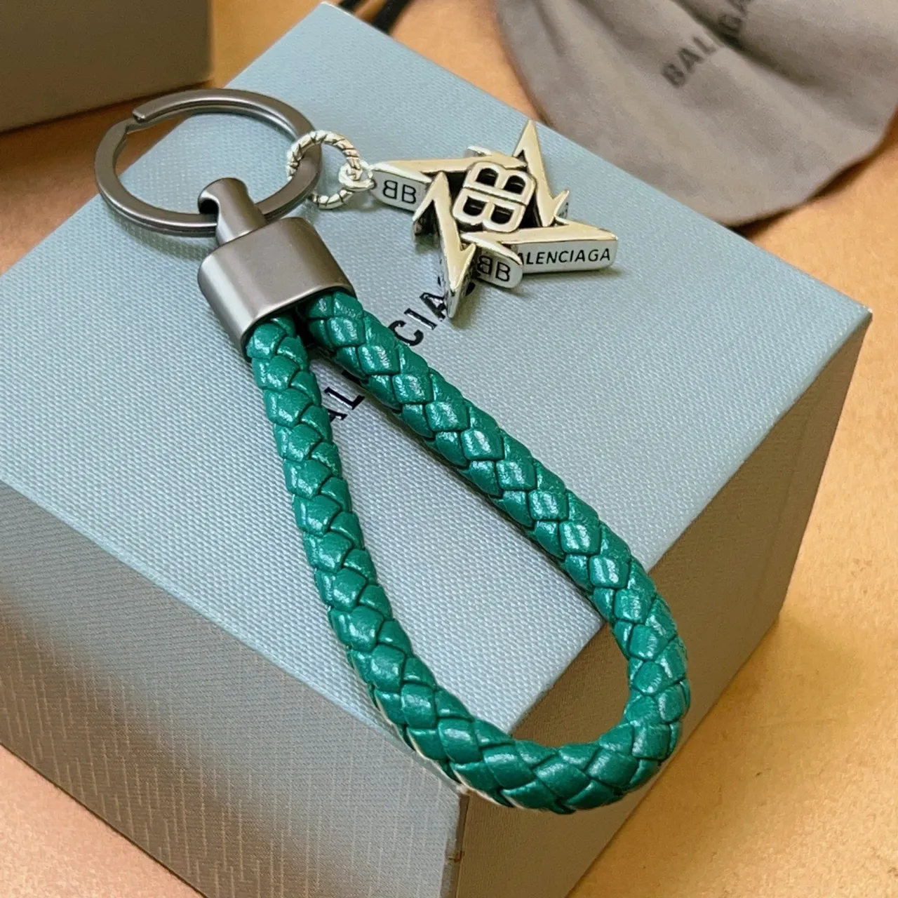 Balenciaga BB Star 青绿 编织皮革 钥匙圈手链 2