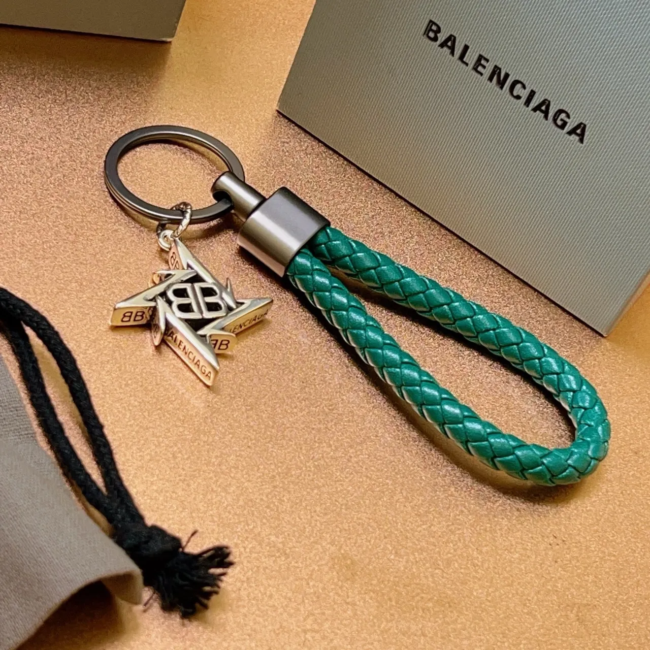 Balenciaga BB Star 青绿 编织皮革 钥匙圈手链 3