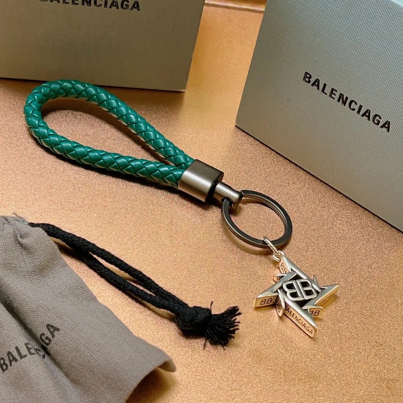 Balenciaga BB Star 青绿 编织皮革 钥匙圈手链 4