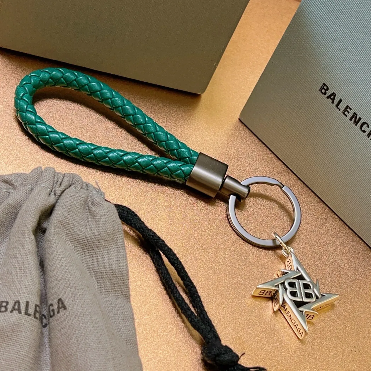 Balenciaga BB Star 青绿 编织皮革 钥匙圈手链 6