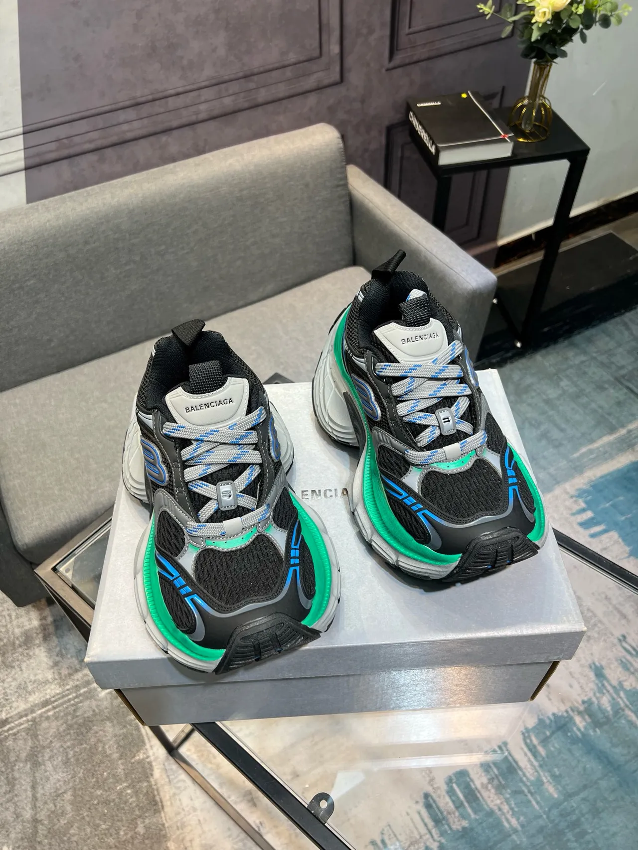 Balenciaga Preto Verde Oversized Sculpted Sole Malha E Construção De Superposição Sintética Tênis Chunky 5