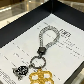 Balenciaga Gold Silver Braided Leather Strap Double-B Monogram Charm Jewelry