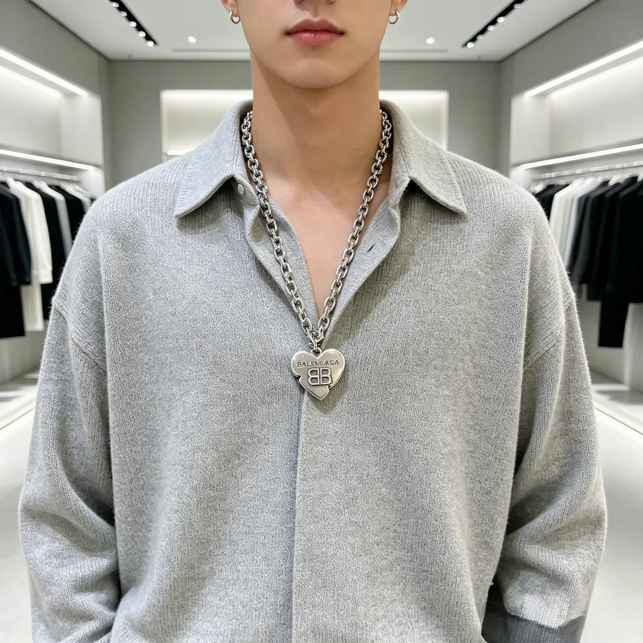 Balenciaga 银色心形吊坠 粗链条项链 7