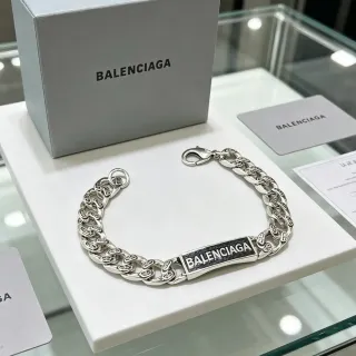 Pulseira Balenciaga Logo Plaque Prata Preta Corrente Curb-Link Chunky Retangular