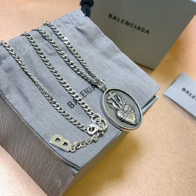 Balenciaga Sacred Heart Pendant Silver Black Curb Chain Oval Engraved Necklace 2