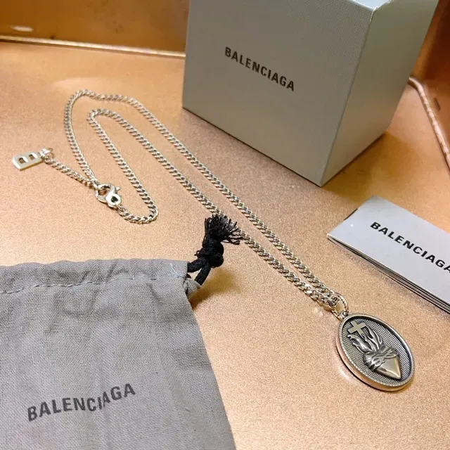 Balenciaga Sacred Heart Pendant Silver Black Curb Chain Oval Engraved Necklace 4