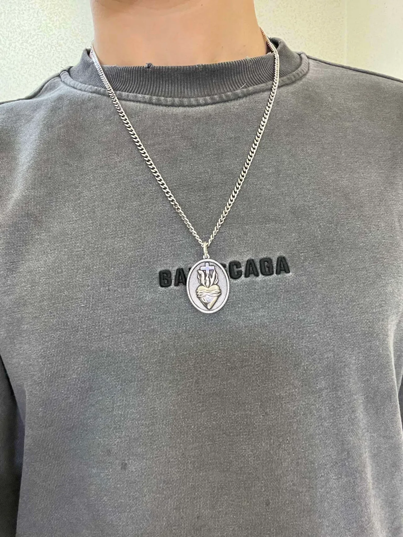 Balenciaga Sacred Heart Pendant Silver Black Curb Chain Oval Engraved Necklace 5