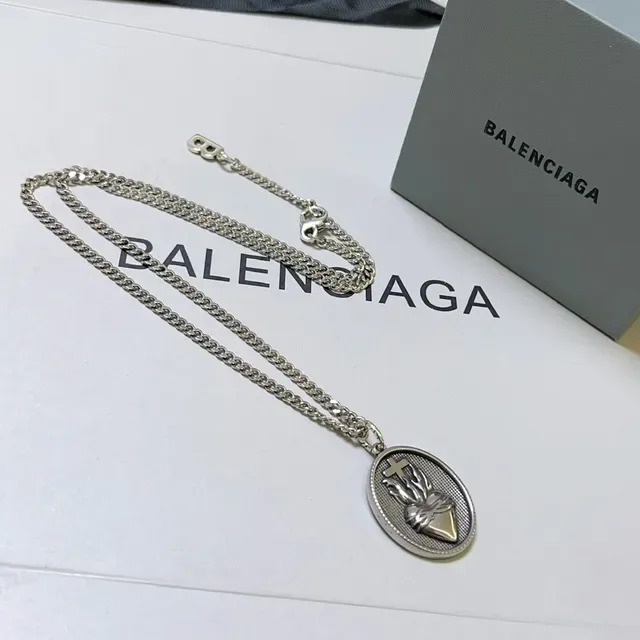 Balenciaga Sacred Heart Pendant Silver Black Curb Chain Oval Engraved Necklace 6