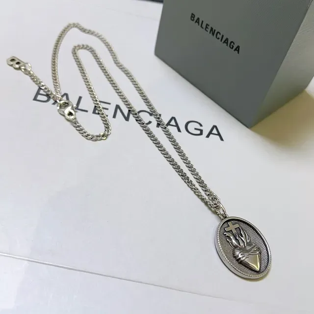 Balenciaga Sacred Heart Pendant Silver Black Curb Chain Oval Engraved Necklace 7