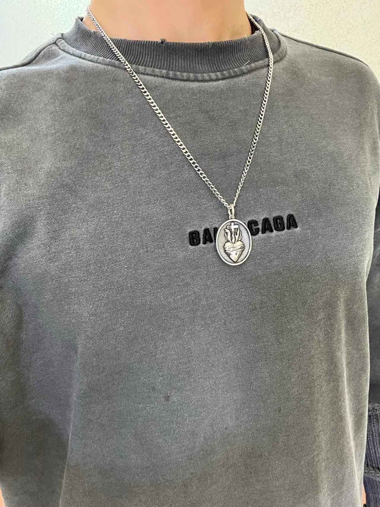 Balenciaga Sacred Heart Pendant Silver Black Curb Chain Oval Engraved Necklace 8